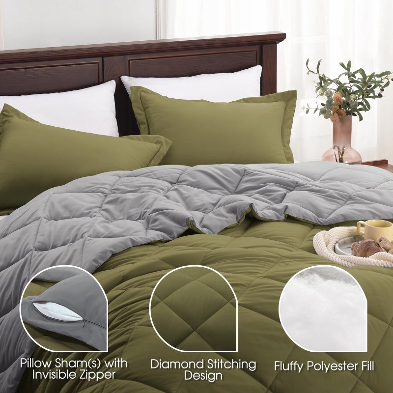 Basic Beyond Beyond Twin Comforter Set - Olive Green/Charcoal Gray, Reversible, All Seasons - 1 Comforter (66"x92") and 1 Pillow Sham (20"x26"+2") - Image 4